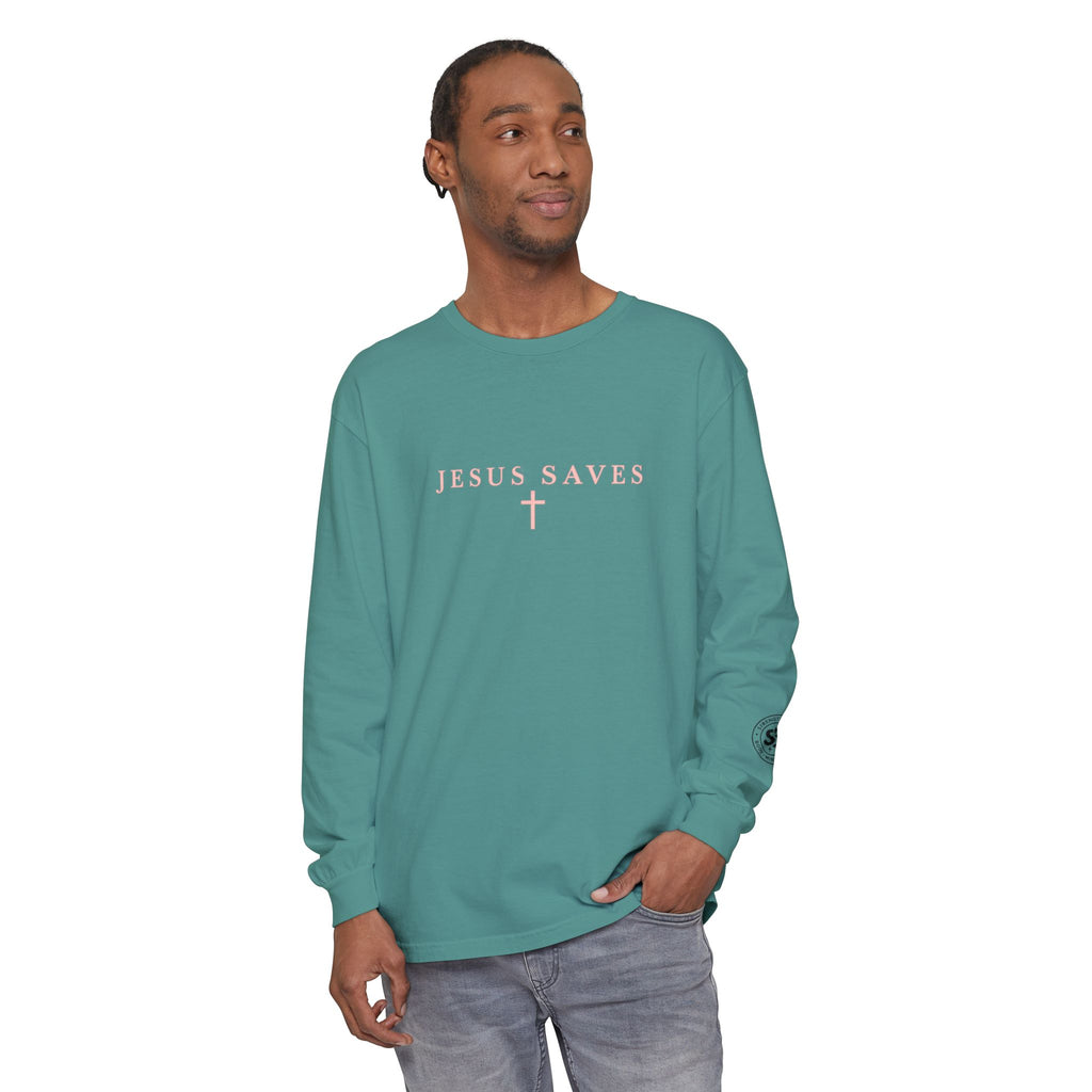 Jesus Saves Long-Sleeve T-Shirt — Crucifix Back Graphic Christian Tee
