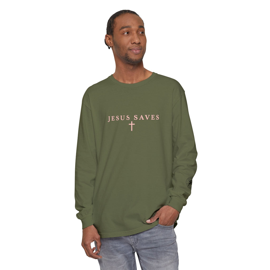 Jesus Saves Long-Sleeve T-Shirt — Crucifix Back Graphic Christian Tee