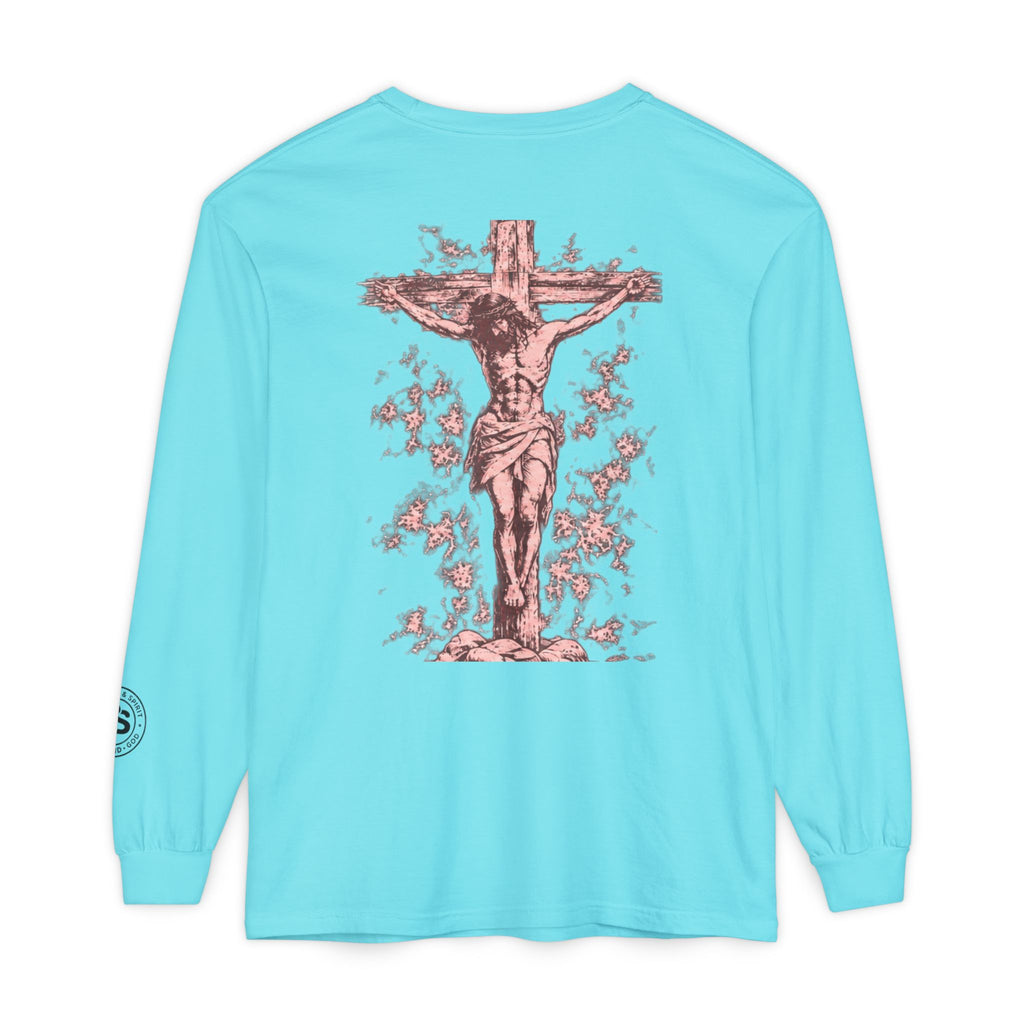 Jesus Saves Long-Sleeve T-Shirt — Crucifix Back Graphic Christian Tee