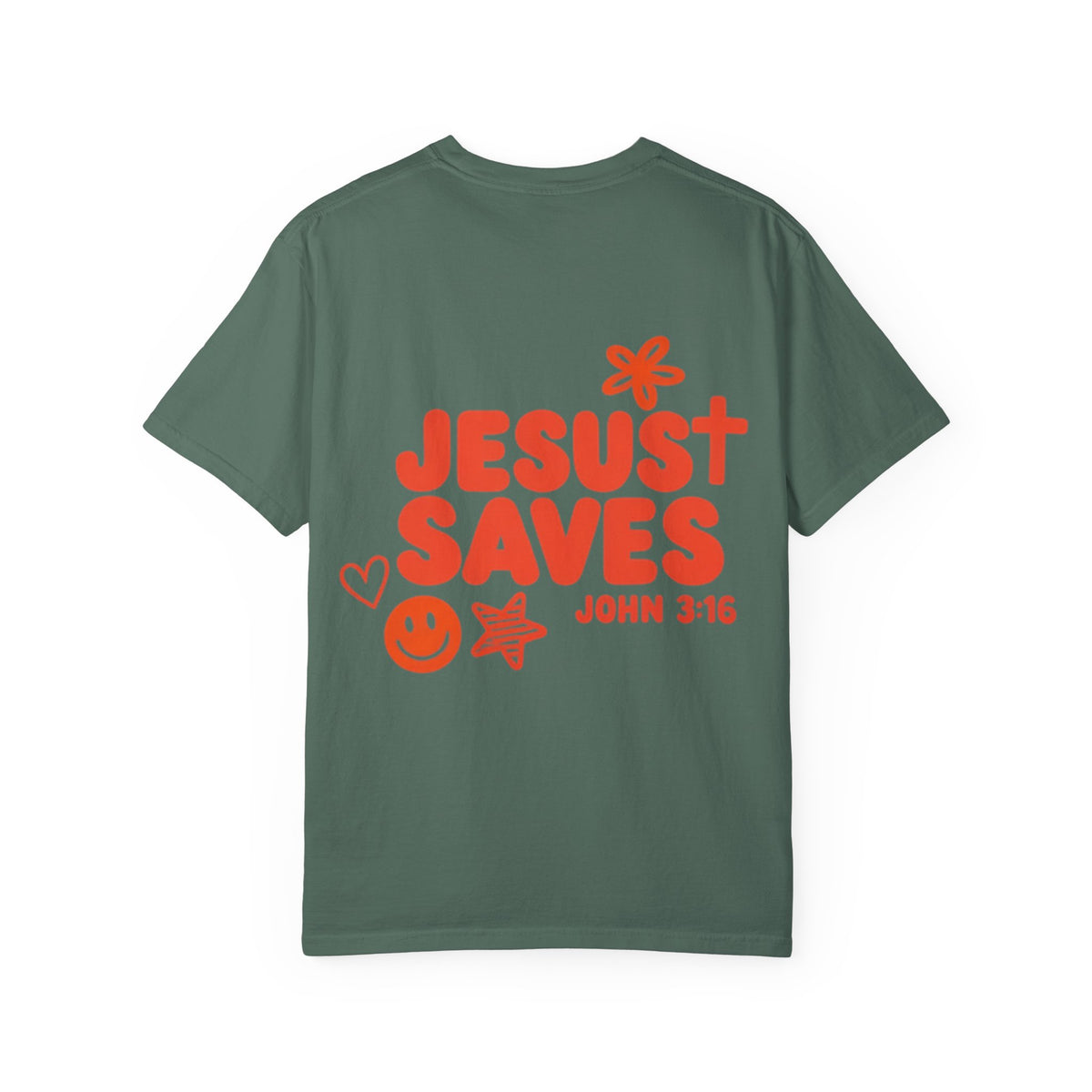 T-Shirt — "Jesus Saves" John 3:16 Christian Graphic Tee (Flower & Smiley Design)