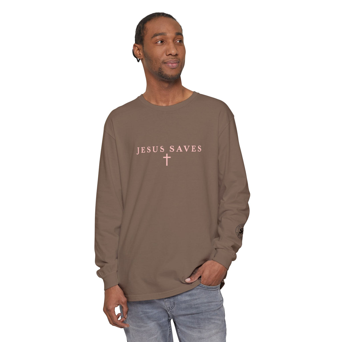 Jesus Saves Long-Sleeve T-Shirt — Crucifix Back Graphic Christian Tee