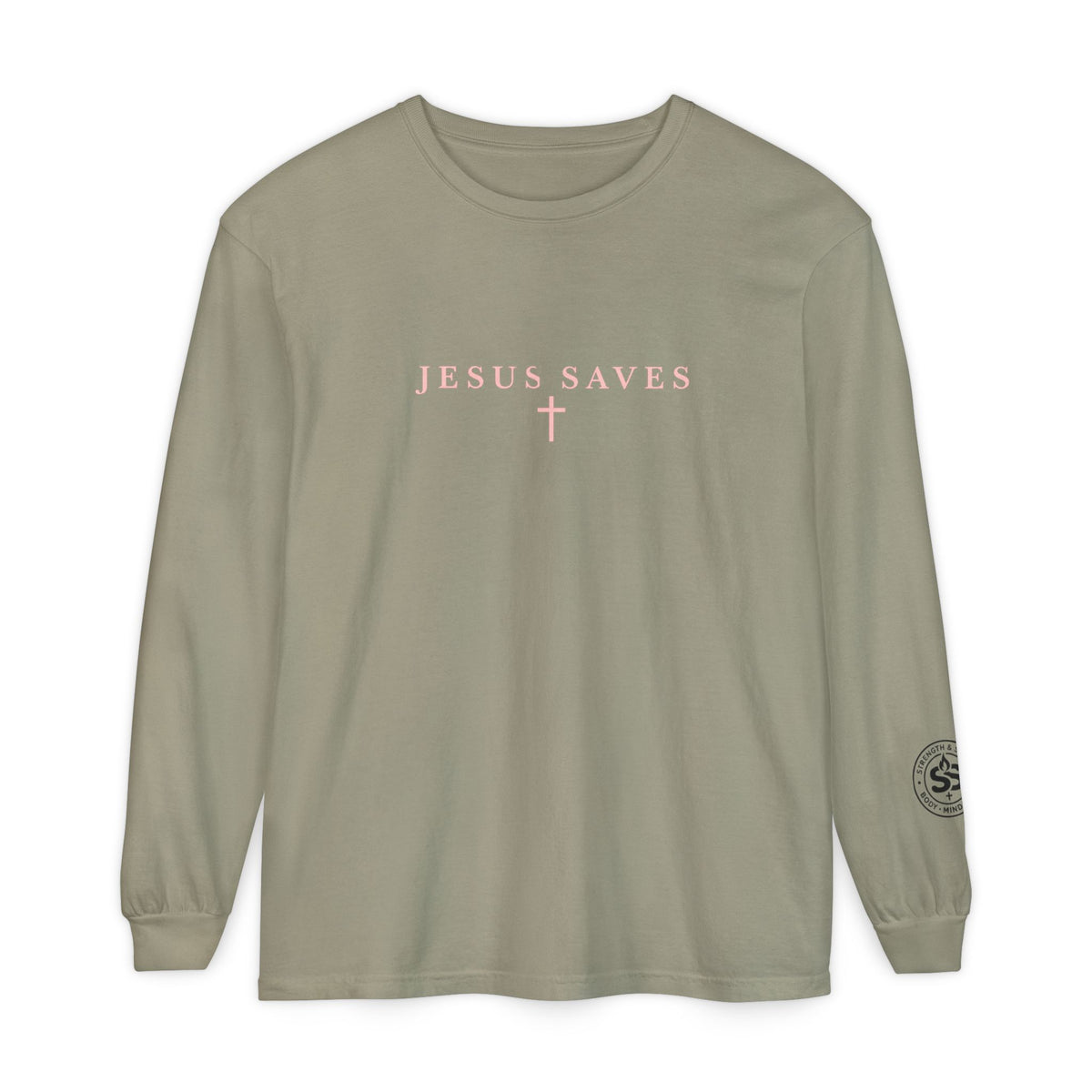 Jesus Saves Long-Sleeve T-Shirt — Crucifix Back Graphic Christian Tee