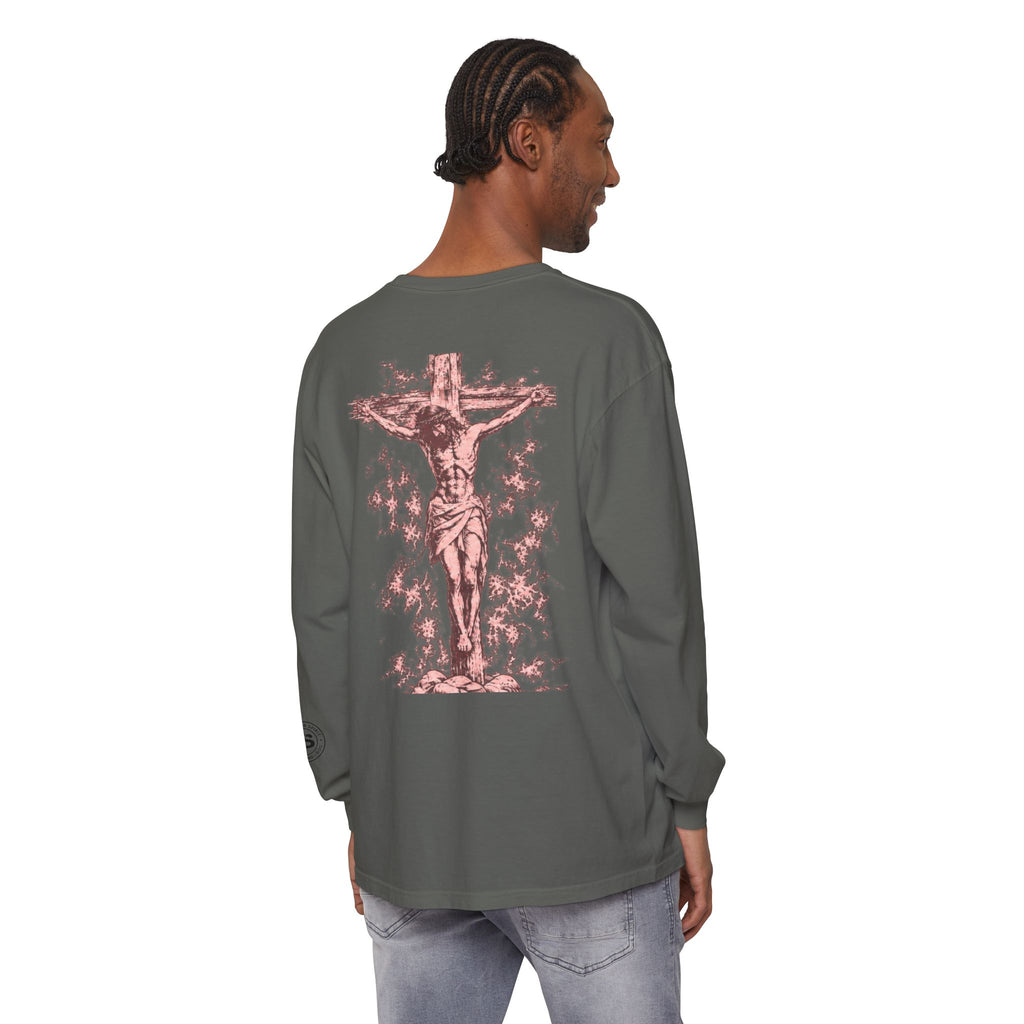 Jesus Saves Long-Sleeve T-Shirt — Crucifix Back Graphic Christian Tee