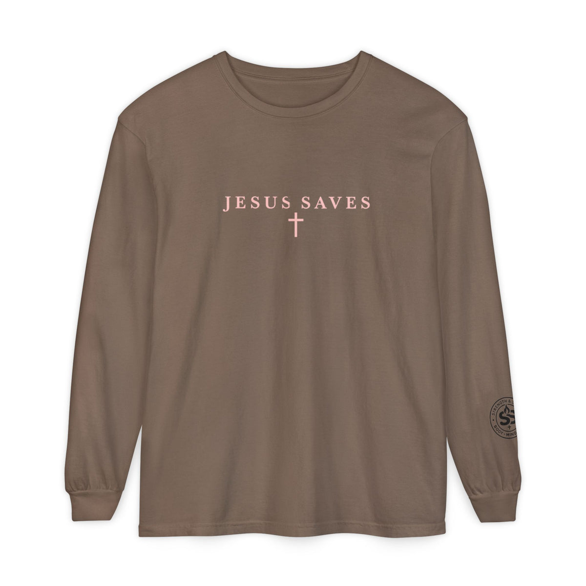 Jesus Saves Long-Sleeve T-Shirt — Crucifix Back Graphic Christian Tee