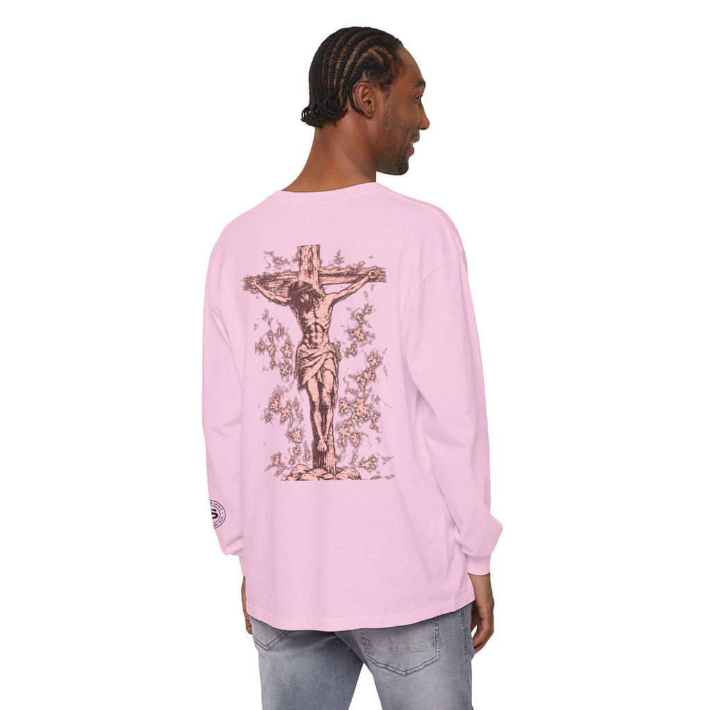 Jesus Saves Long-Sleeve T-Shirt — Crucifix Back Graphic Christian Tee