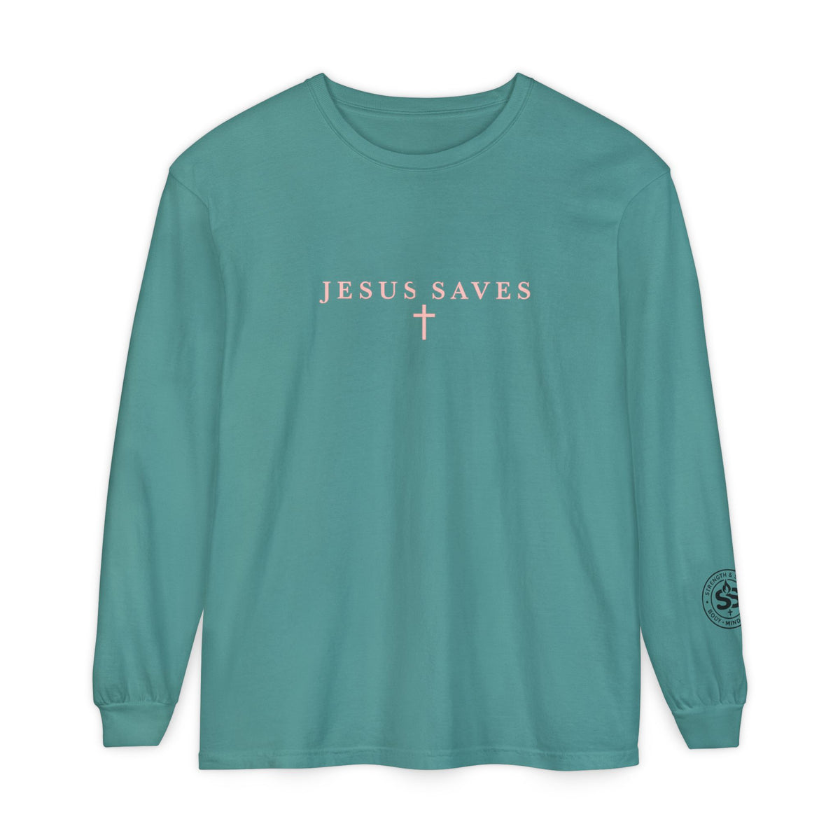 Jesus Saves Long-Sleeve T-Shirt — Crucifix Back Graphic Christian Tee