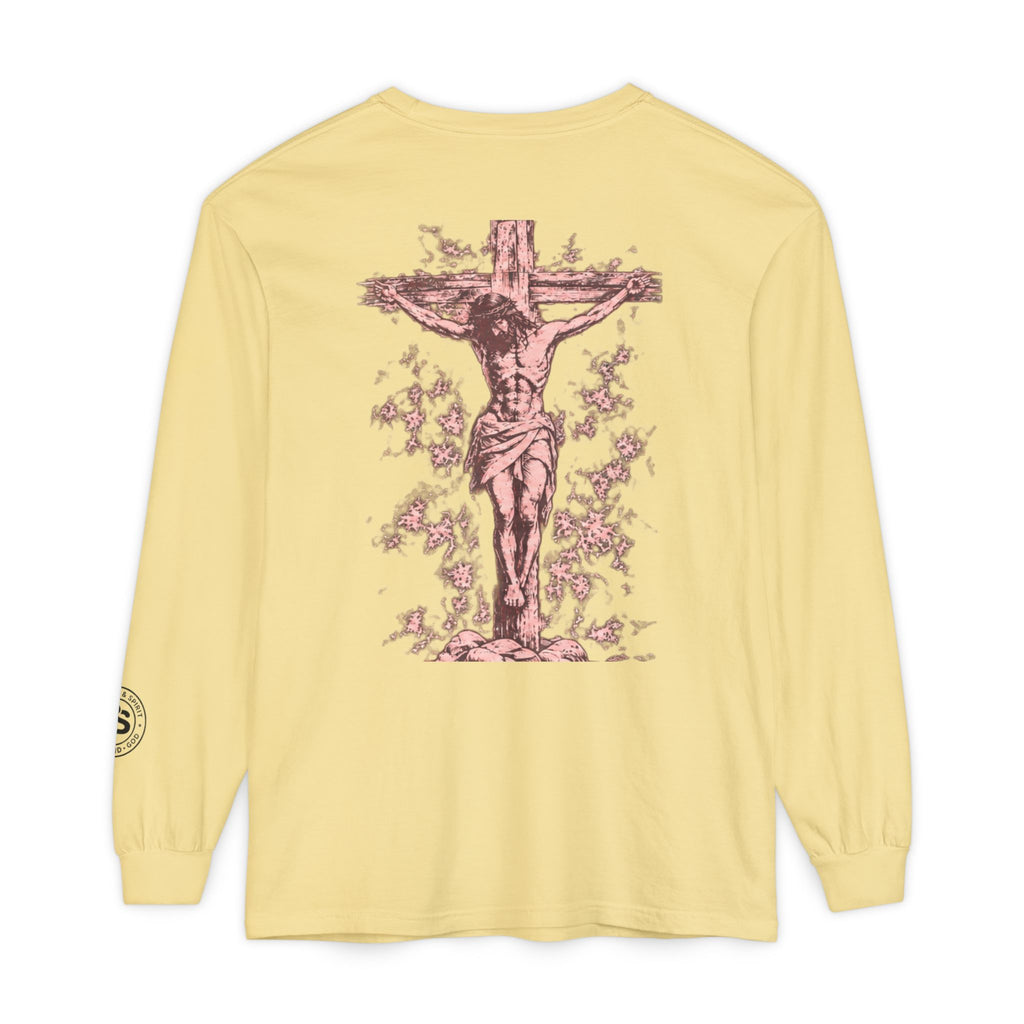 Jesus Saves Long-Sleeve T-Shirt — Crucifix Back Graphic Christian Tee
