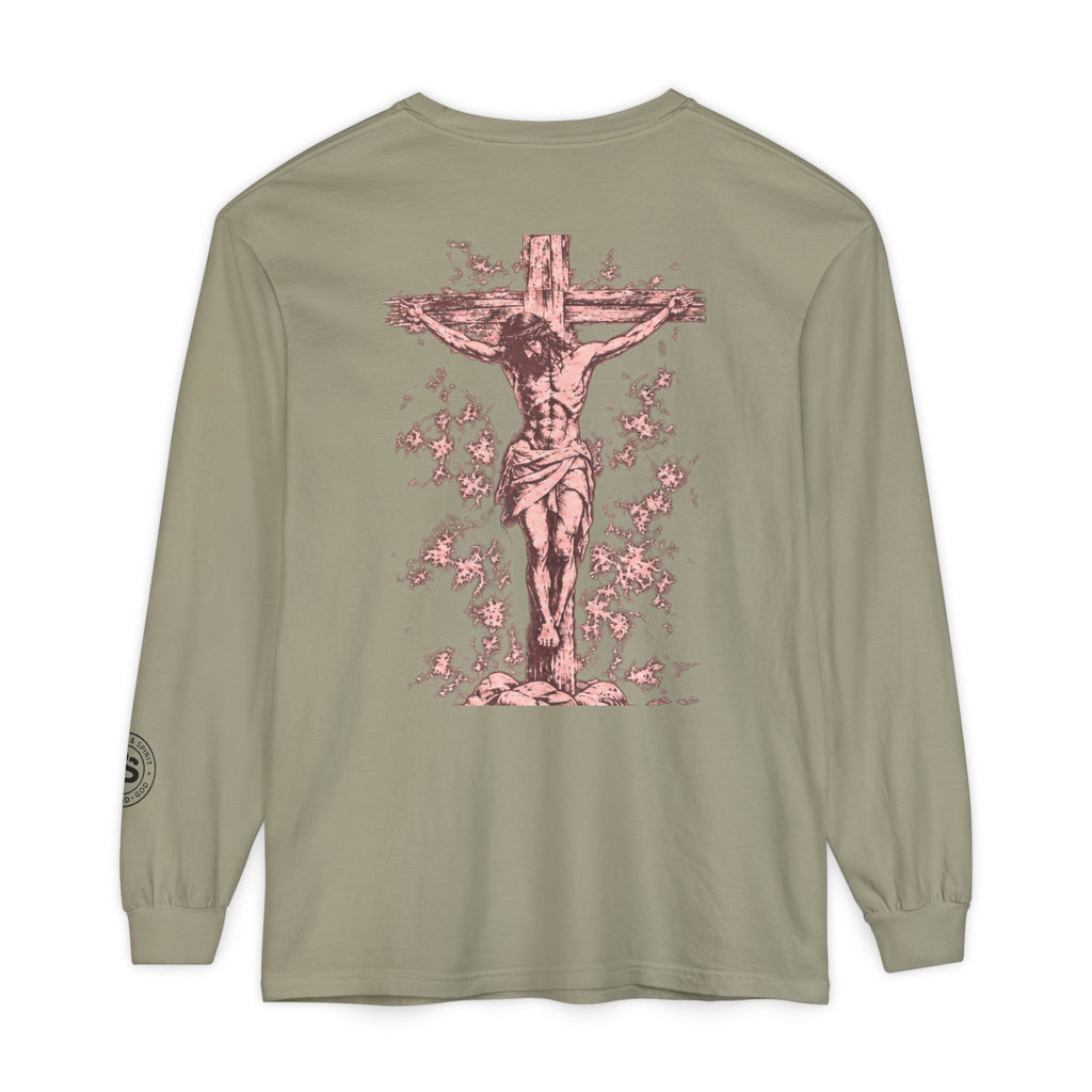 Jesus Saves Long-Sleeve T-Shirt — Crucifix Back Graphic Christian Tee