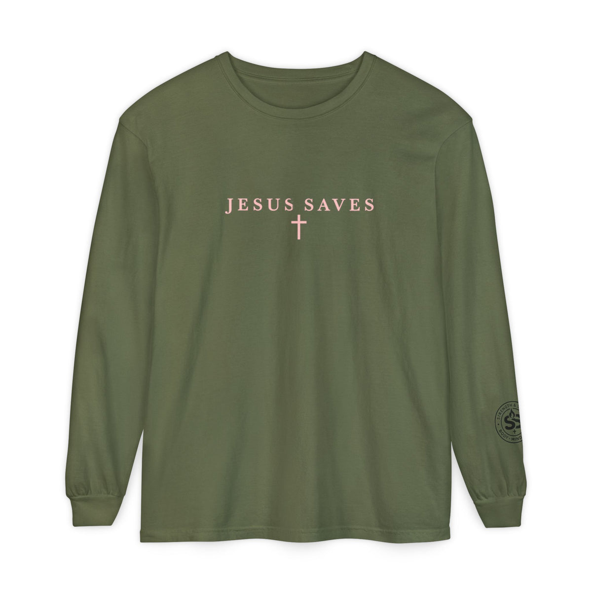 Jesus Saves Long-Sleeve T-Shirt — Crucifix Back Graphic Christian Tee