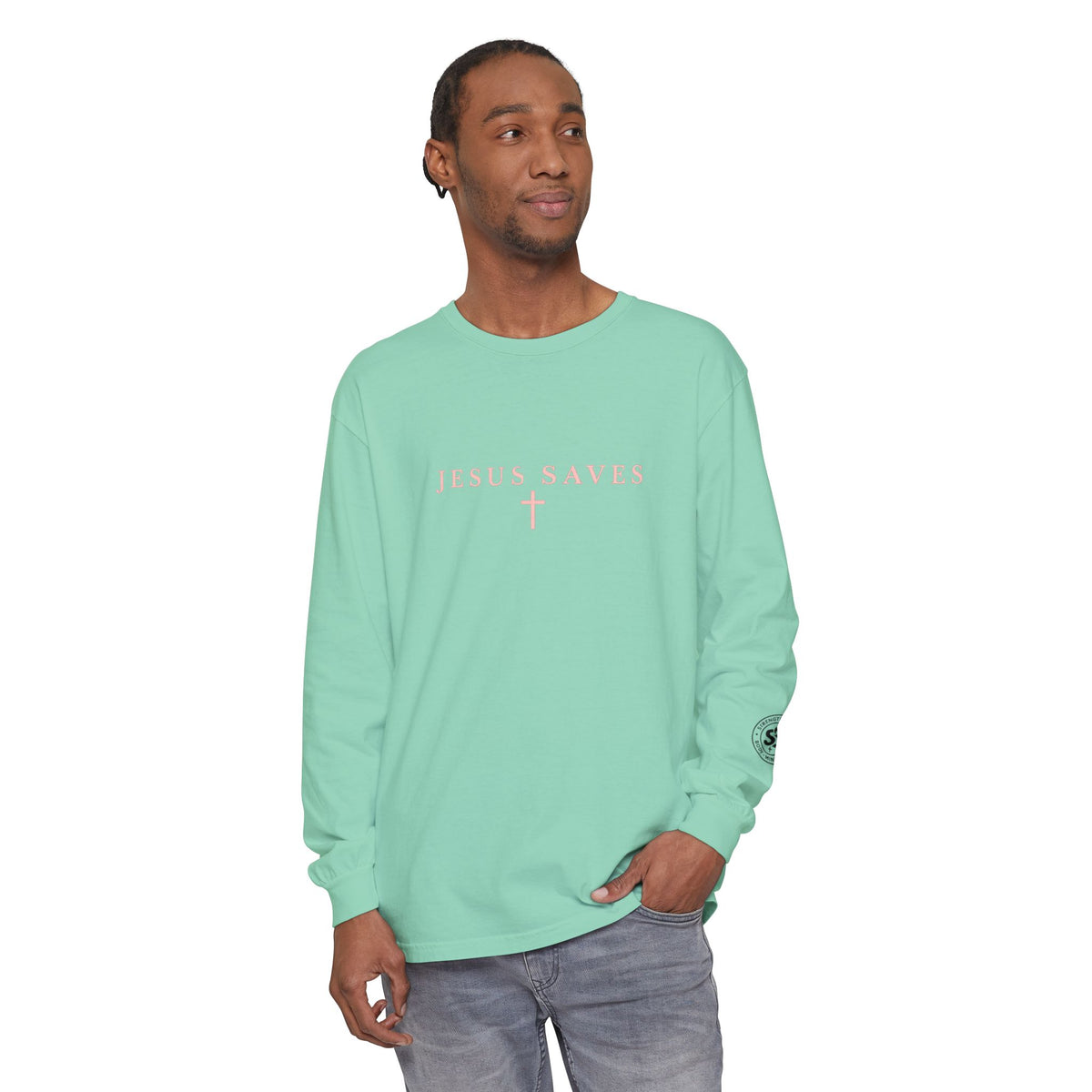 Jesus Saves Long-Sleeve T-Shirt — Crucifix Back Graphic Christian Tee