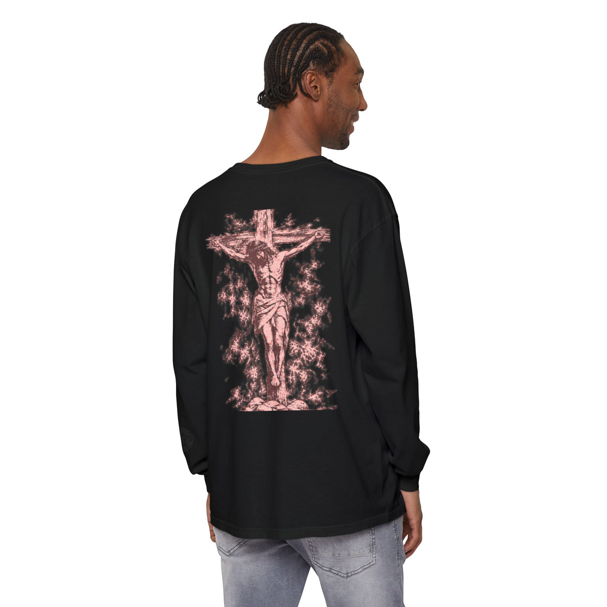 Jesus Saves Long-Sleeve T-Shirt — Crucifix Back Graphic Christian Tee