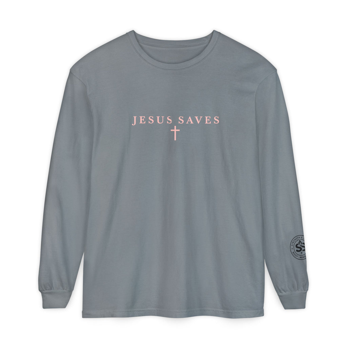 Jesus Saves Long-Sleeve T-Shirt — Crucifix Back Graphic Christian Tee