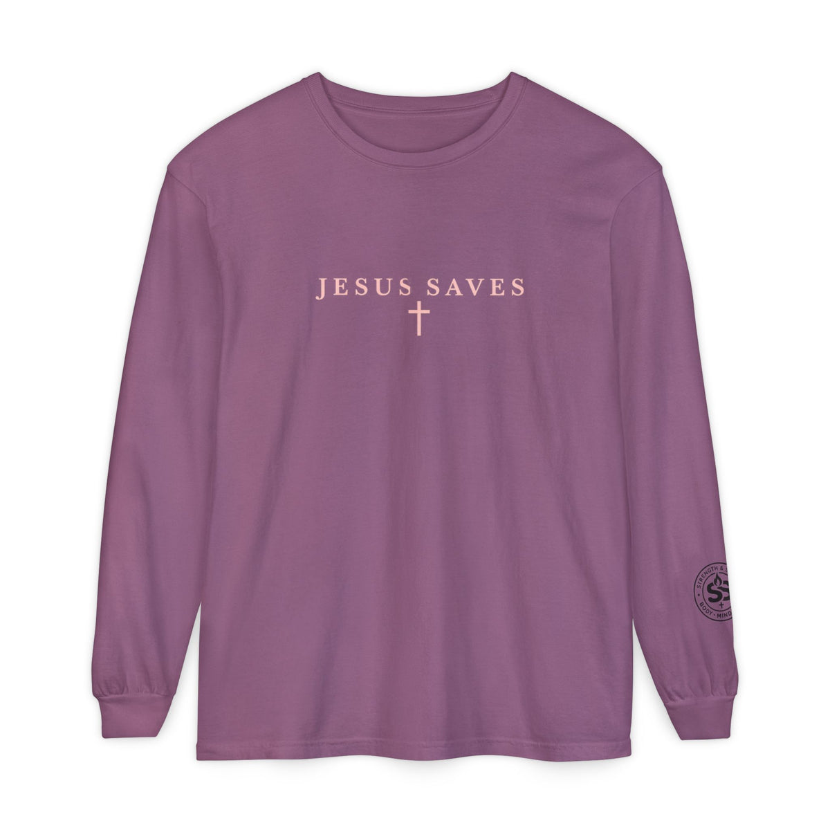 Jesus Saves Long-Sleeve T-Shirt — Crucifix Back Graphic Christian Tee