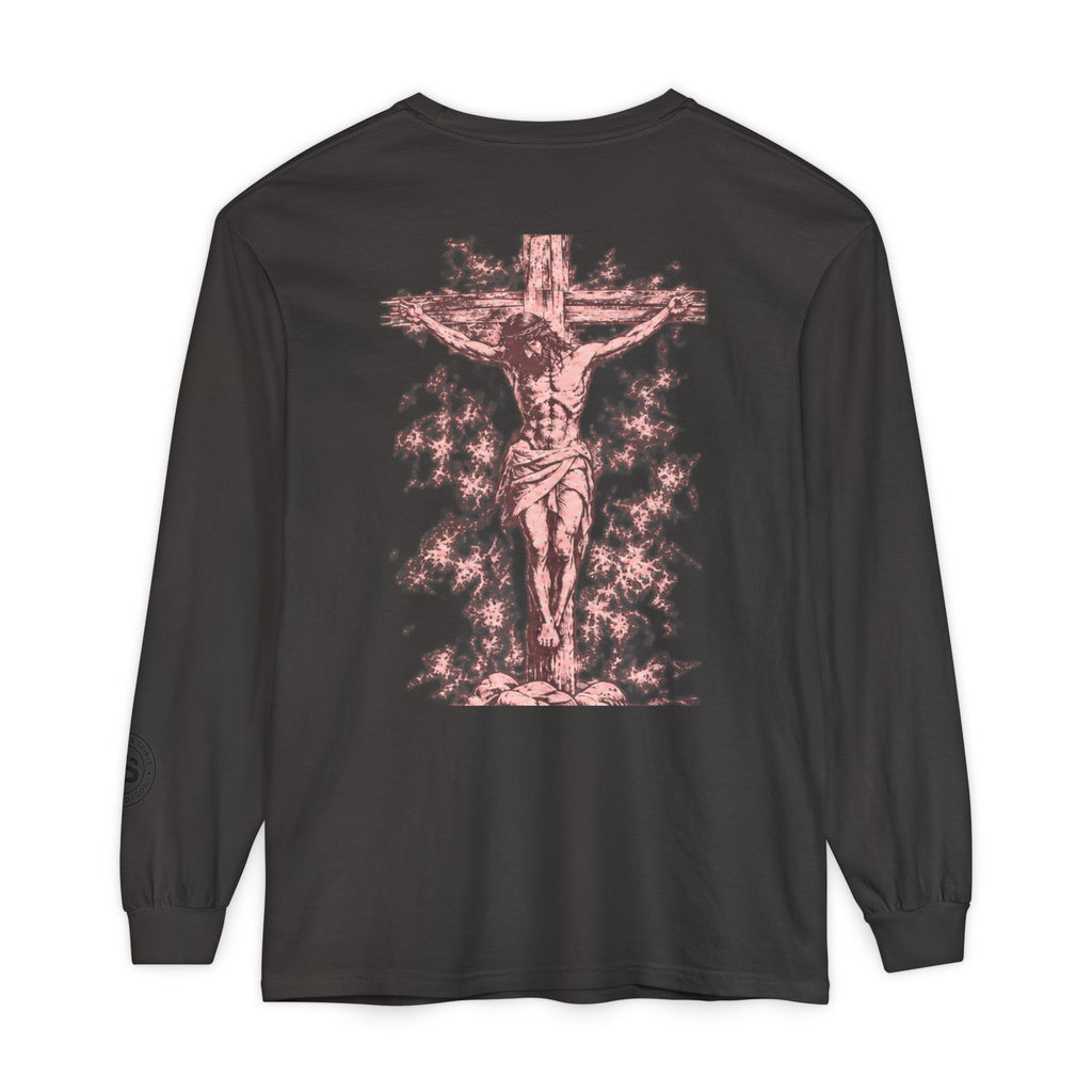 Jesus Saves Long-Sleeve T-Shirt — Crucifix Back Graphic Christian Tee