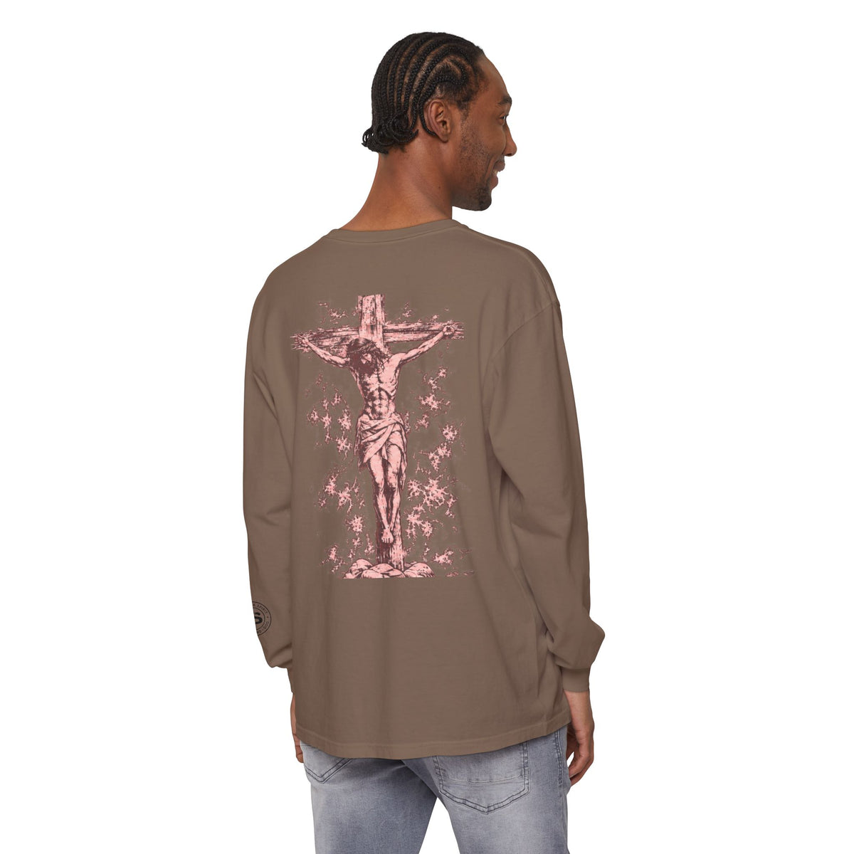Jesus Saves Long-Sleeve T-Shirt — Crucifix Back Graphic Christian Tee