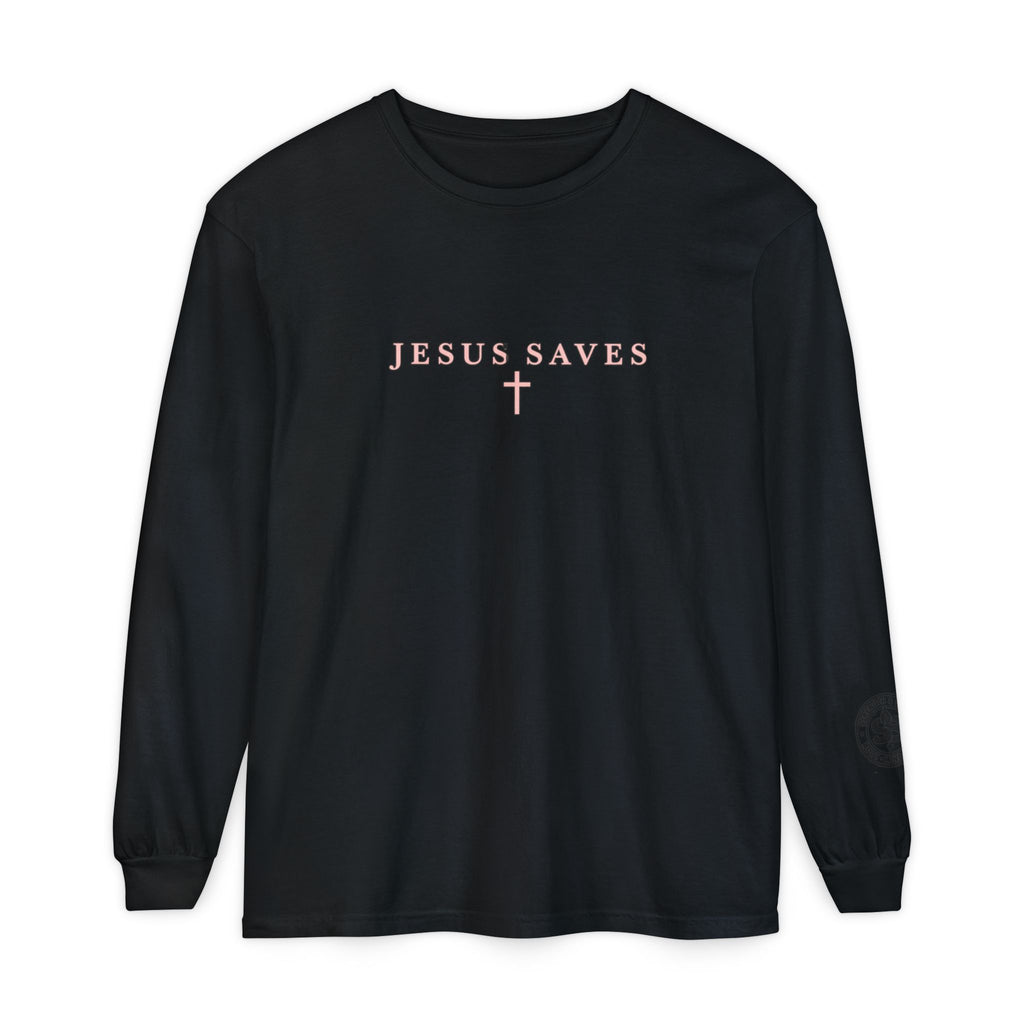 Jesus Saves Long-Sleeve T-Shirt — Crucifix Back Graphic Christian Tee