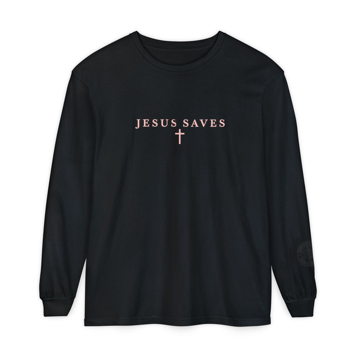 Jesus Saves Long-Sleeve T-Shirt — Crucifix Back Graphic Christian Tee