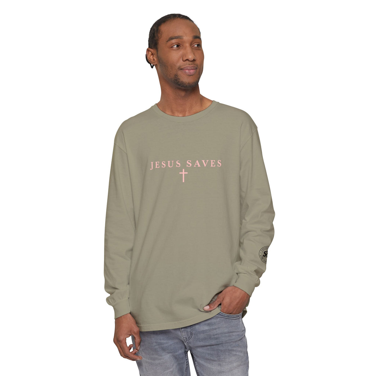 Jesus Saves Long-Sleeve T-Shirt — Crucifix Back Graphic Christian Tee