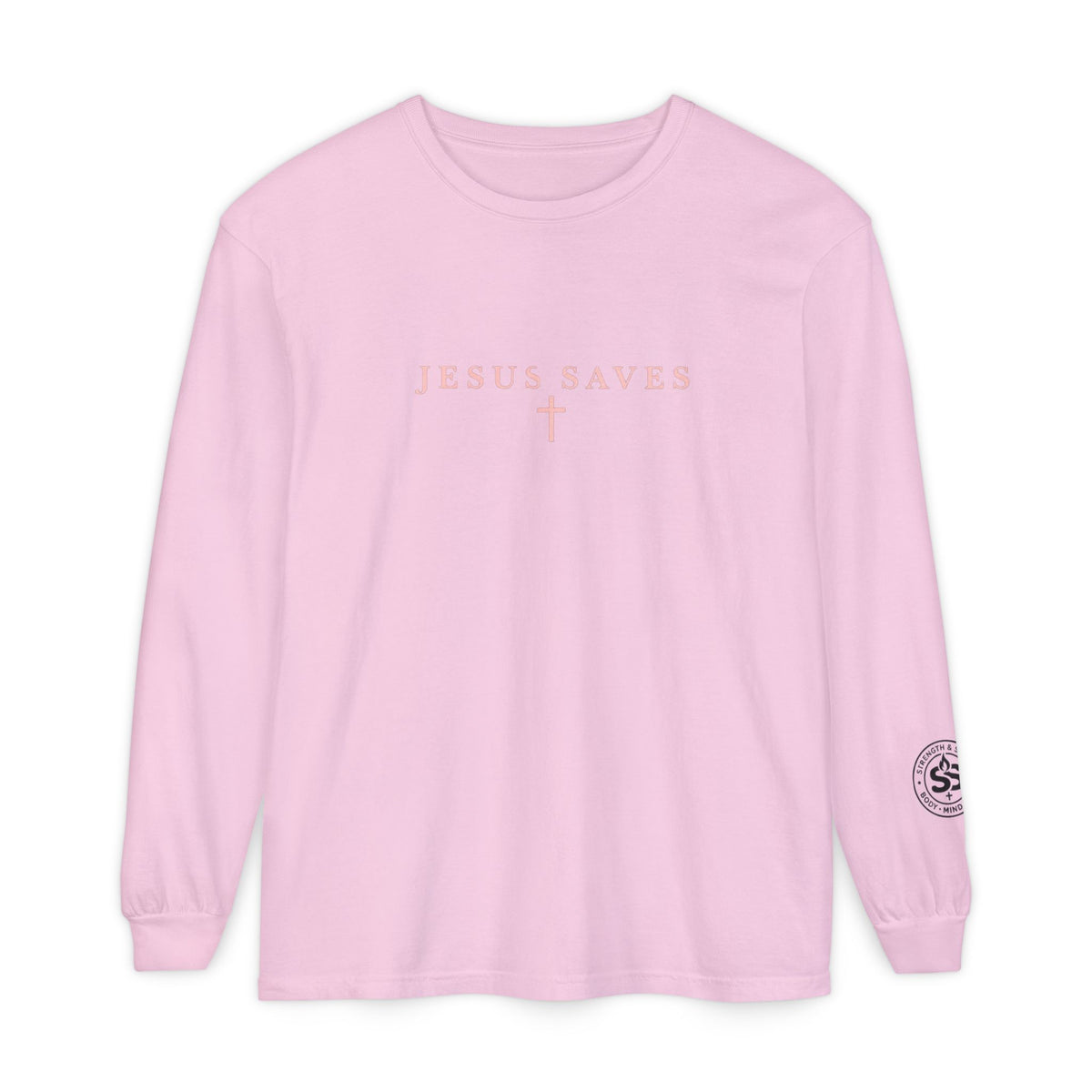 Jesus Saves Long-Sleeve T-Shirt — Crucifix Back Graphic Christian Tee