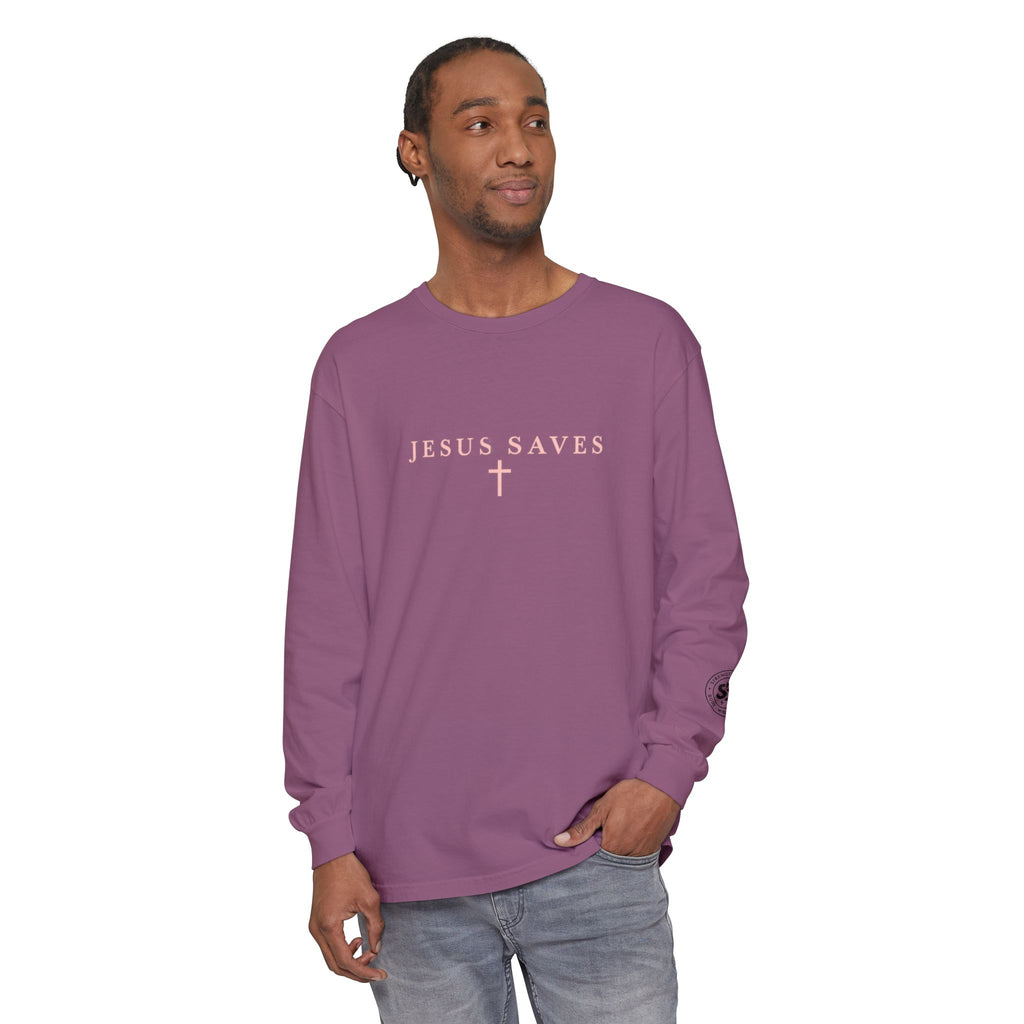 Jesus Saves Long-Sleeve T-Shirt — Crucifix Back Graphic Christian Tee