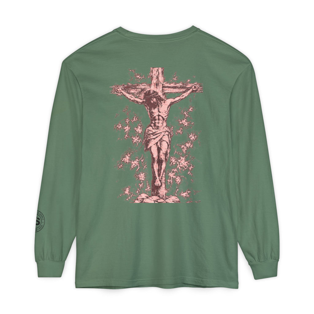 Jesus Saves Long-Sleeve T-Shirt — Crucifix Back Graphic Christian Tee