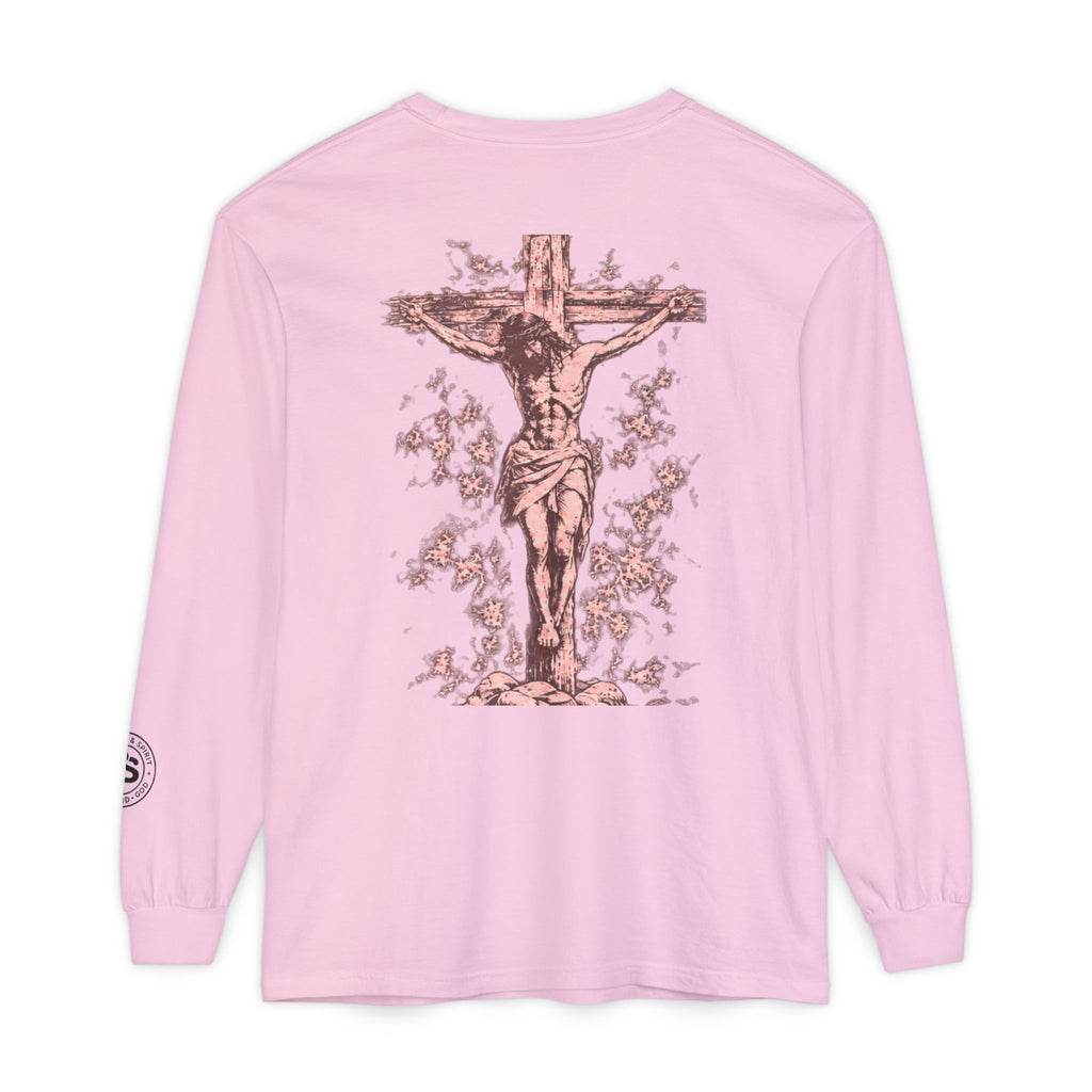 Jesus Saves Long-Sleeve T-Shirt — Crucifix Back Graphic Christian Tee