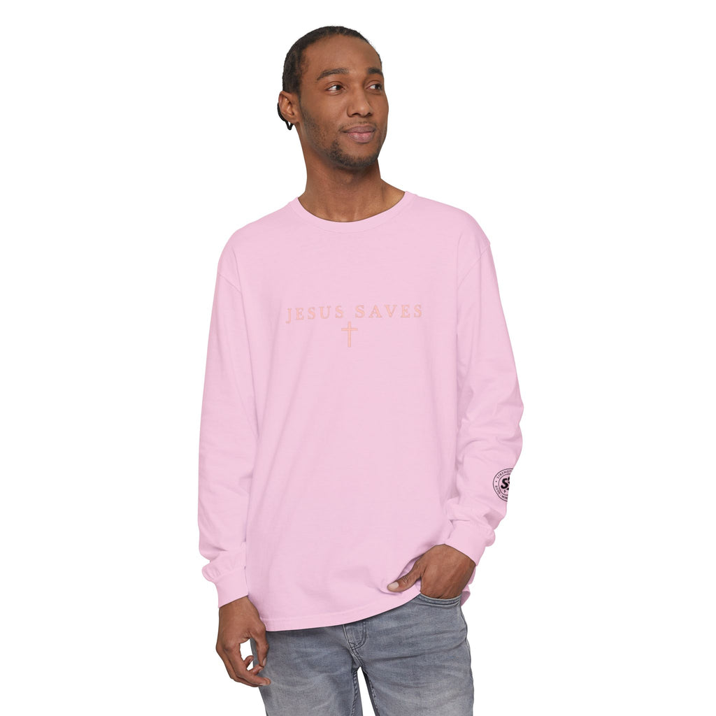 Jesus Saves Long-Sleeve T-Shirt — Crucifix Back Graphic Christian Tee