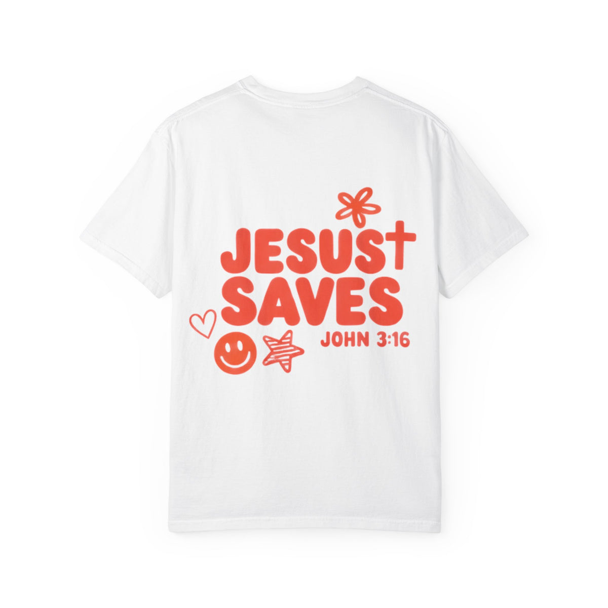 T-Shirt — "Jesus Saves" John 3:16 Christian Graphic Tee (Flower & Smiley Design)