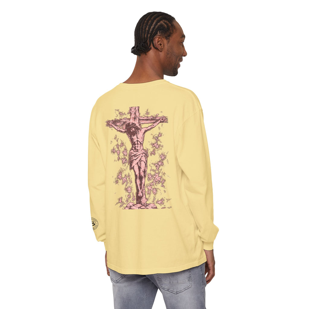 Jesus Saves Long-Sleeve T-Shirt — Crucifix Back Graphic Christian Tee
