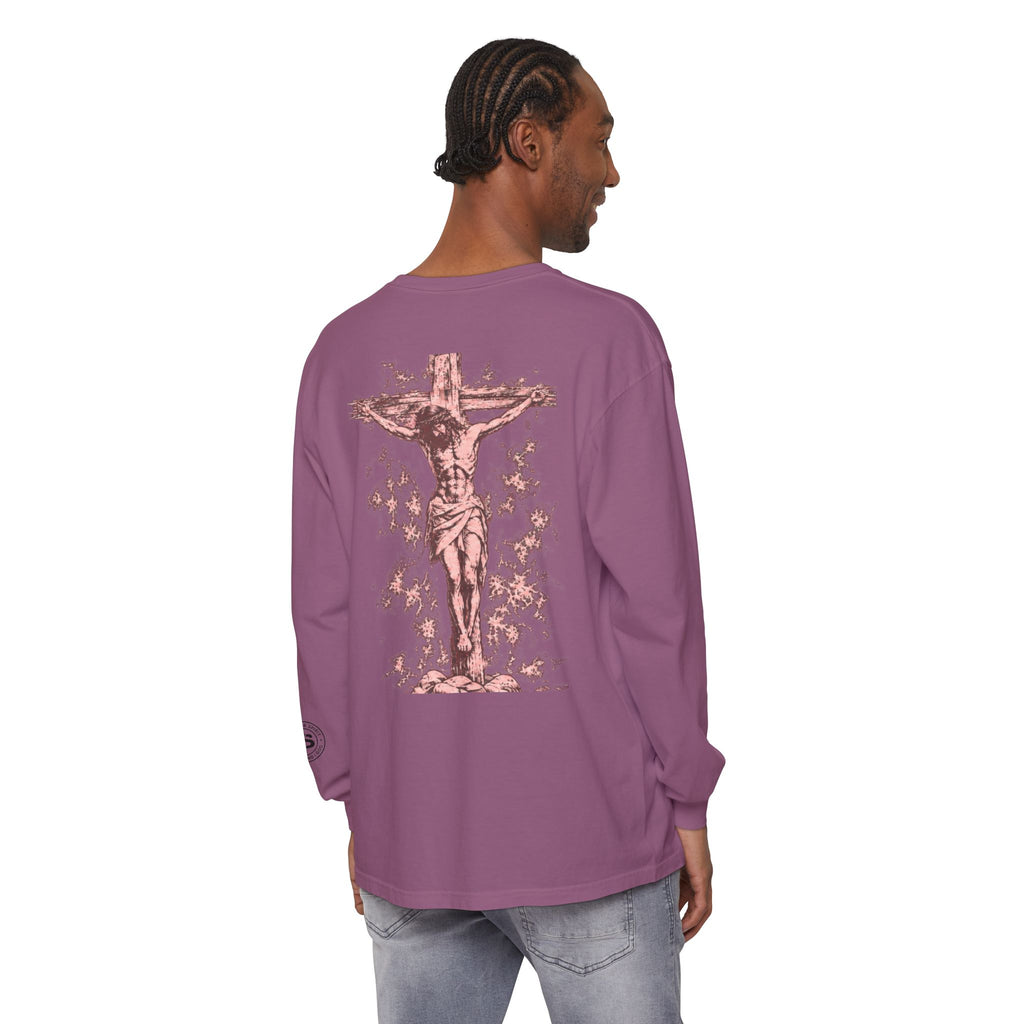 Jesus Saves Long-Sleeve T-Shirt — Crucifix Back Graphic Christian Tee