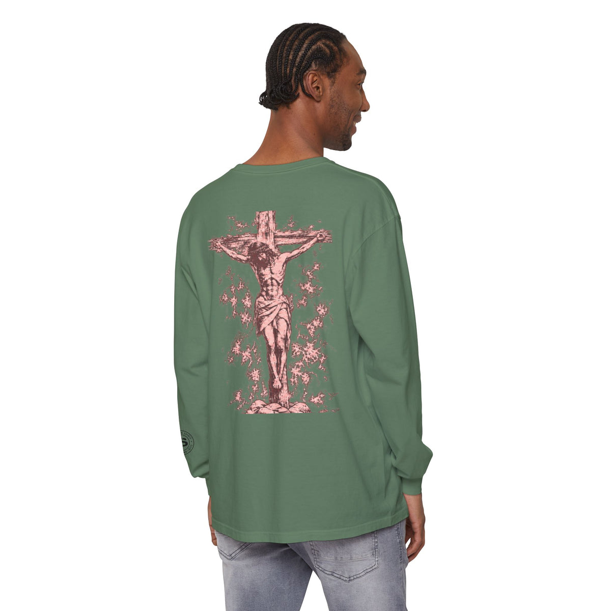 Jesus Saves Long-Sleeve T-Shirt — Crucifix Back Graphic Christian Tee