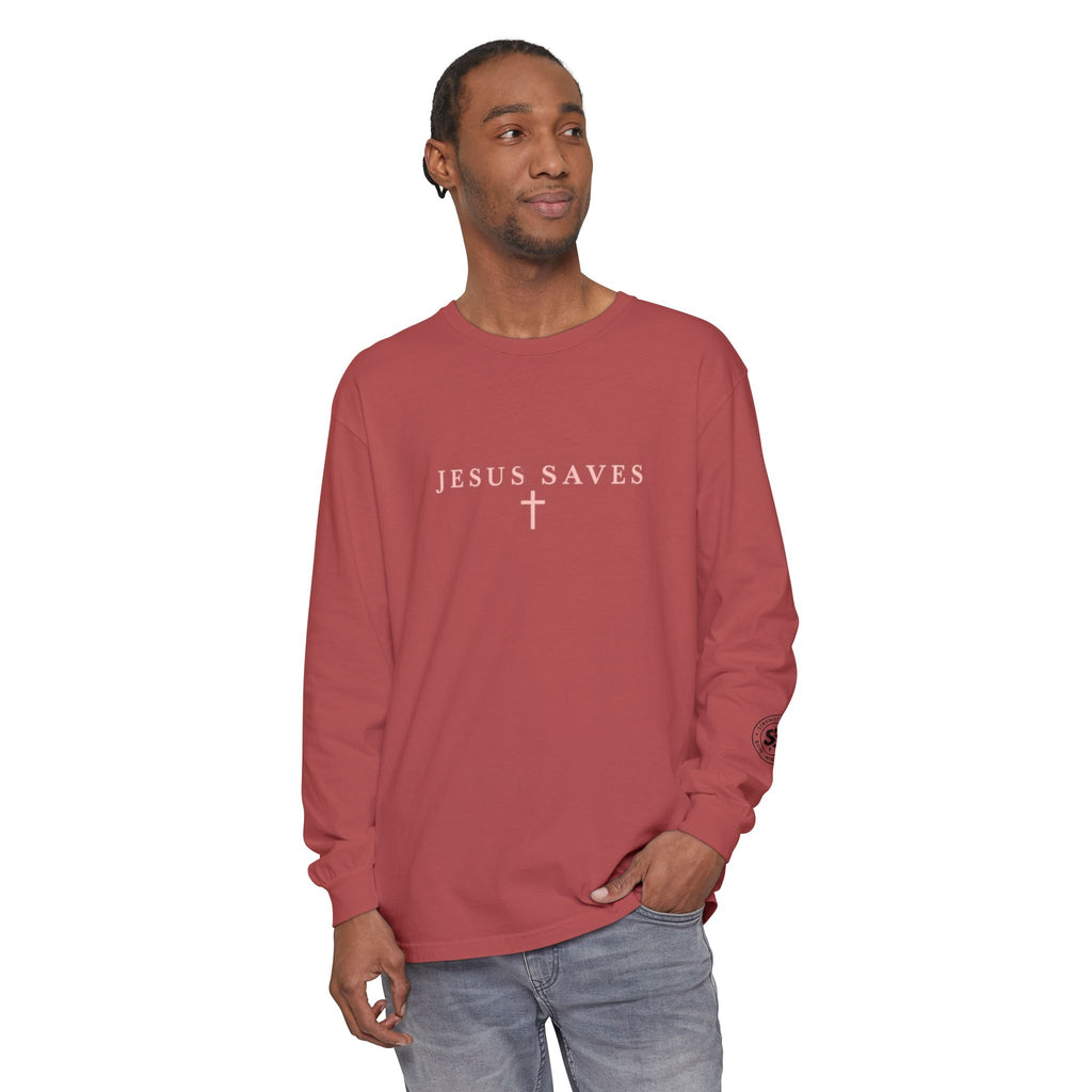 Jesus Saves Long-Sleeve T-Shirt — Crucifix Back Graphic Christian Tee