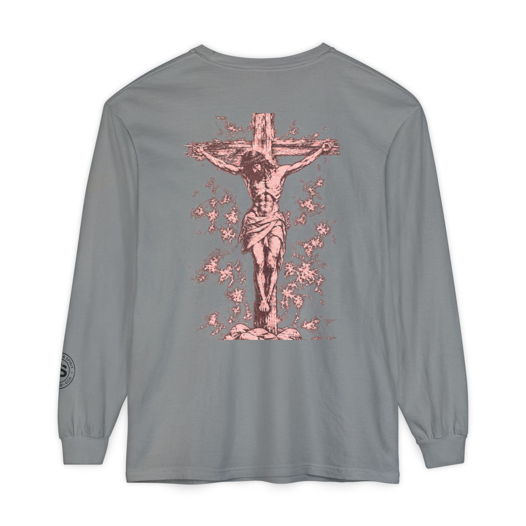 Jesus Saves Long-Sleeve T-Shirt — Crucifix Back Graphic Christian Tee