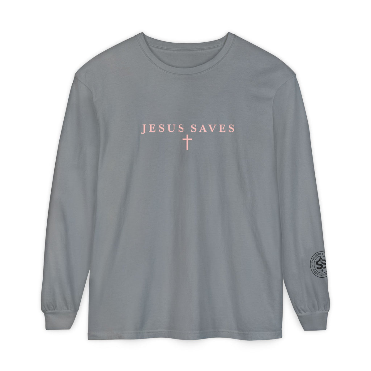 Jesus Saves Long-Sleeve T-Shirt — Crucifix Back Graphic Christian Tee