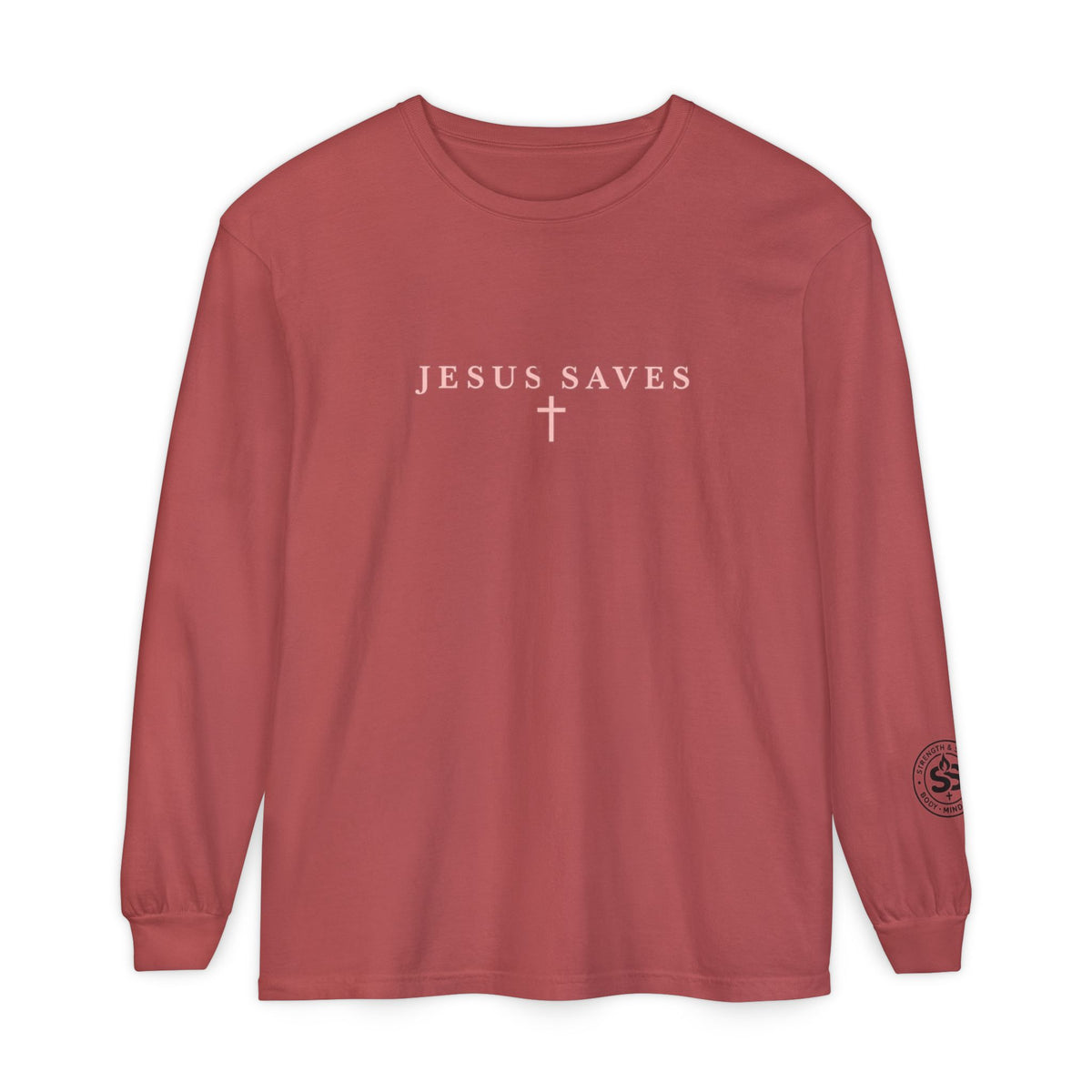 Jesus Saves Long-Sleeve T-Shirt — Crucifix Back Graphic Christian Tee