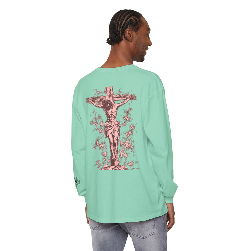 Jesus Saves Long-Sleeve T-Shirt — Crucifix Back Graphic Christian Tee