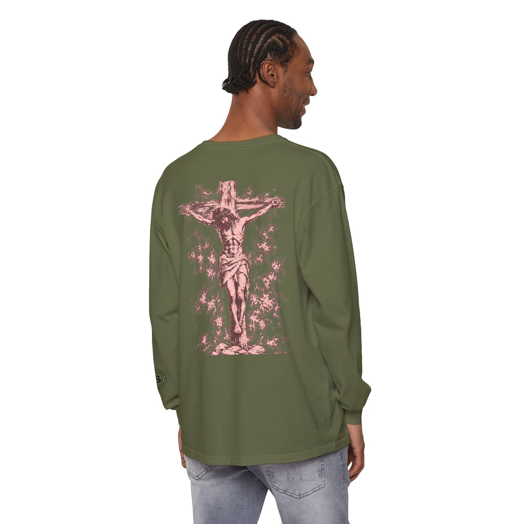 Jesus Saves Long-Sleeve T-Shirt — Crucifix Back Graphic Christian Tee