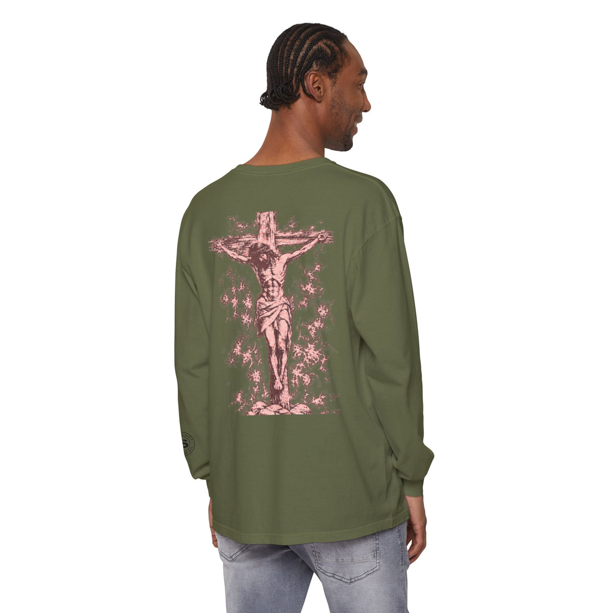 Jesus Saves Long-Sleeve T-Shirt — Crucifix Back Graphic Christian Tee