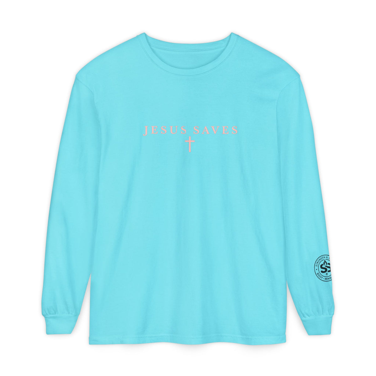 Jesus Saves Long-Sleeve T-Shirt — Crucifix Back Graphic Christian Tee