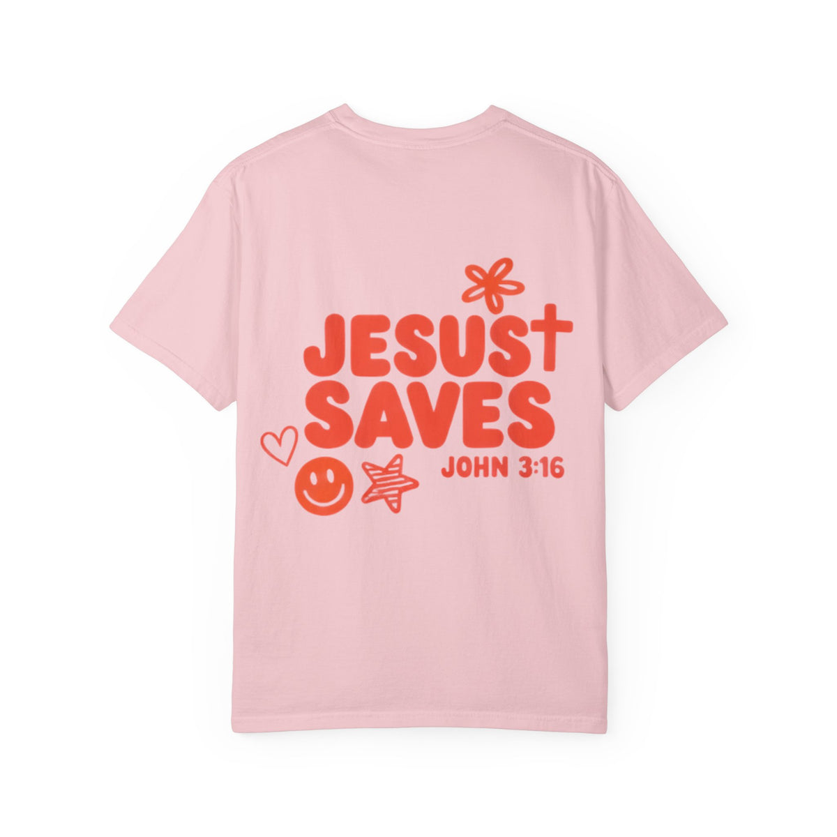 T-Shirt — "Jesus Saves" John 3:16 Christian Graphic Tee (Flower & Smiley Design)