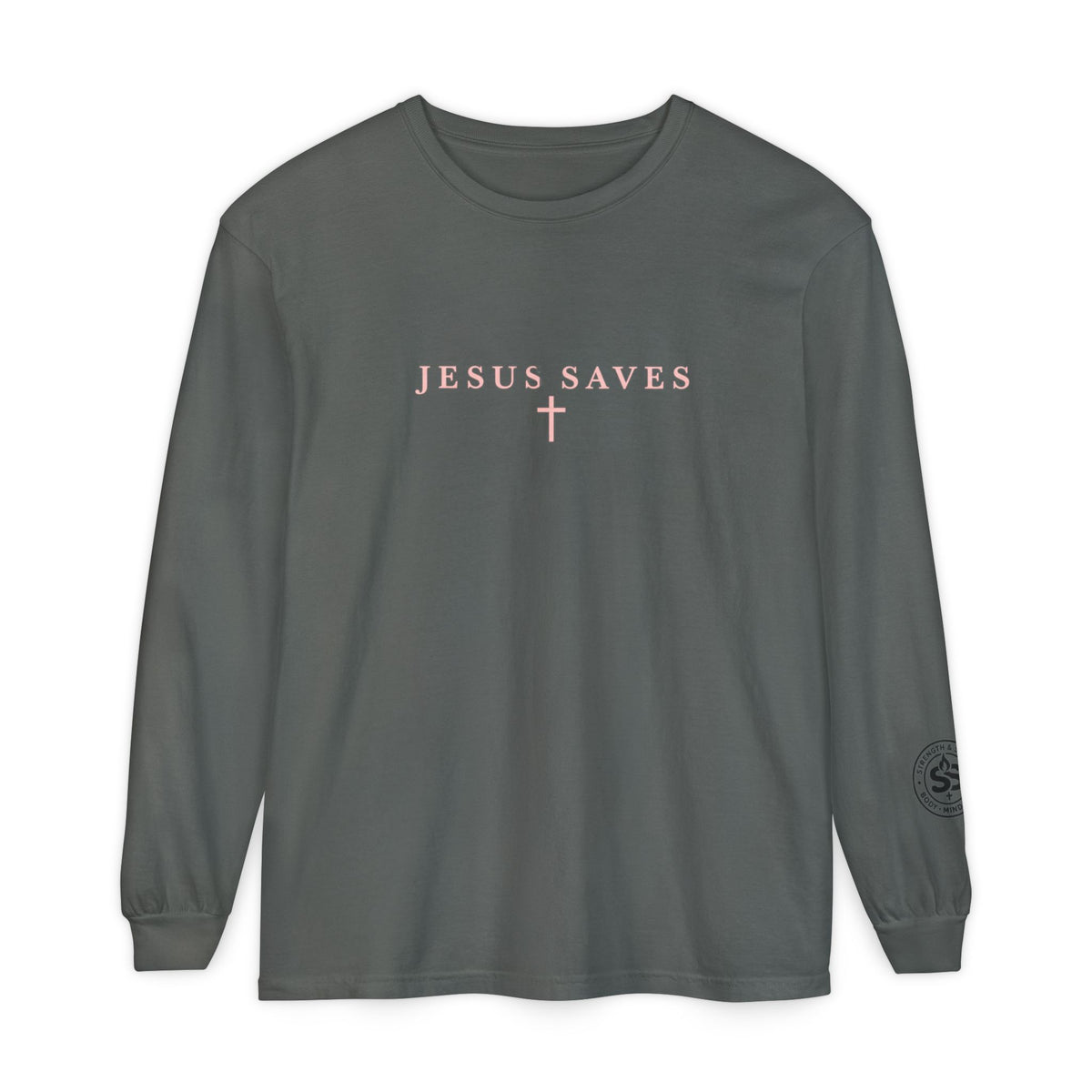 Jesus Saves Long-Sleeve T-Shirt — Crucifix Back Graphic Christian Tee