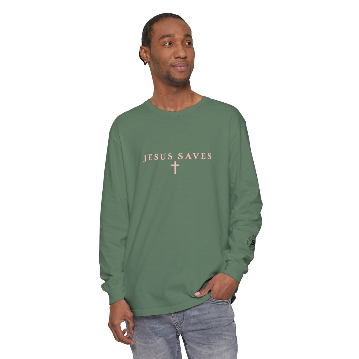 Jesus Saves Long-Sleeve T-Shirt — Crucifix Back Graphic Christian Tee