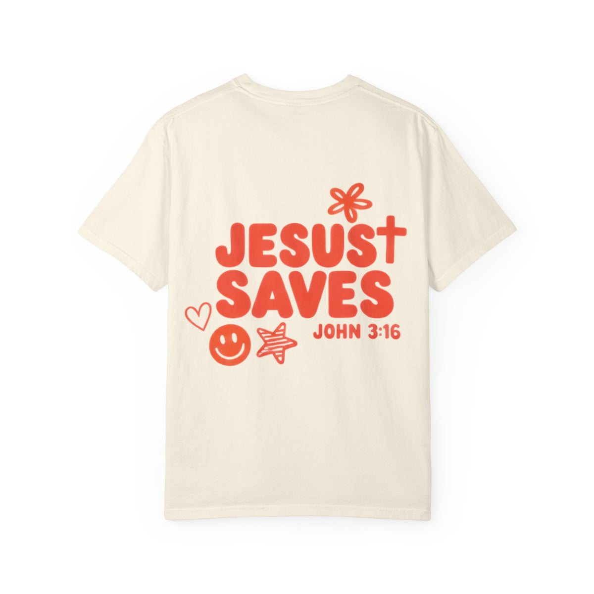 T-Shirt — "Jesus Saves" John 3:16 Christian Graphic Tee (Flower & Smiley Design)