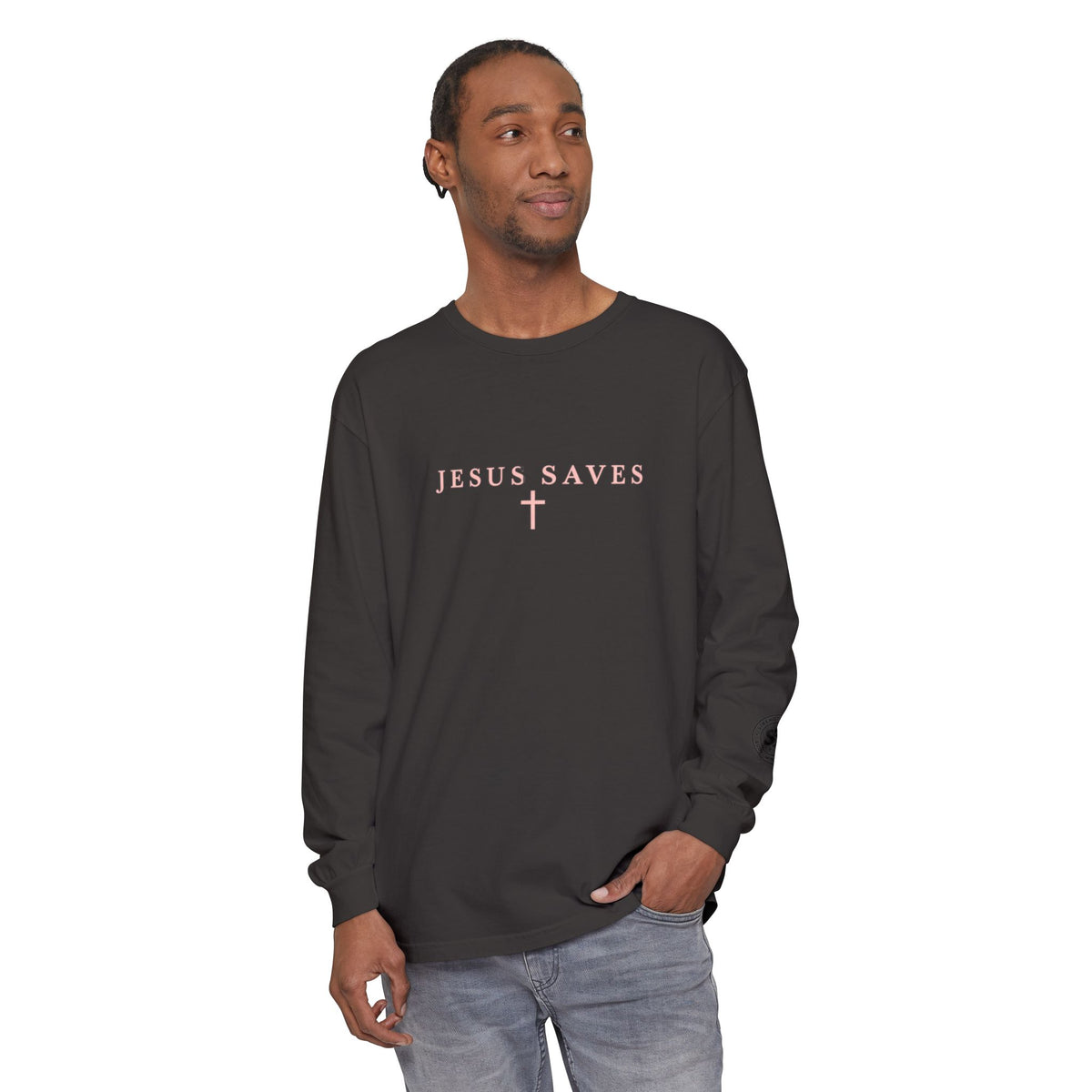 Jesus Saves Long-Sleeve T-Shirt — Crucifix Back Graphic Christian Tee