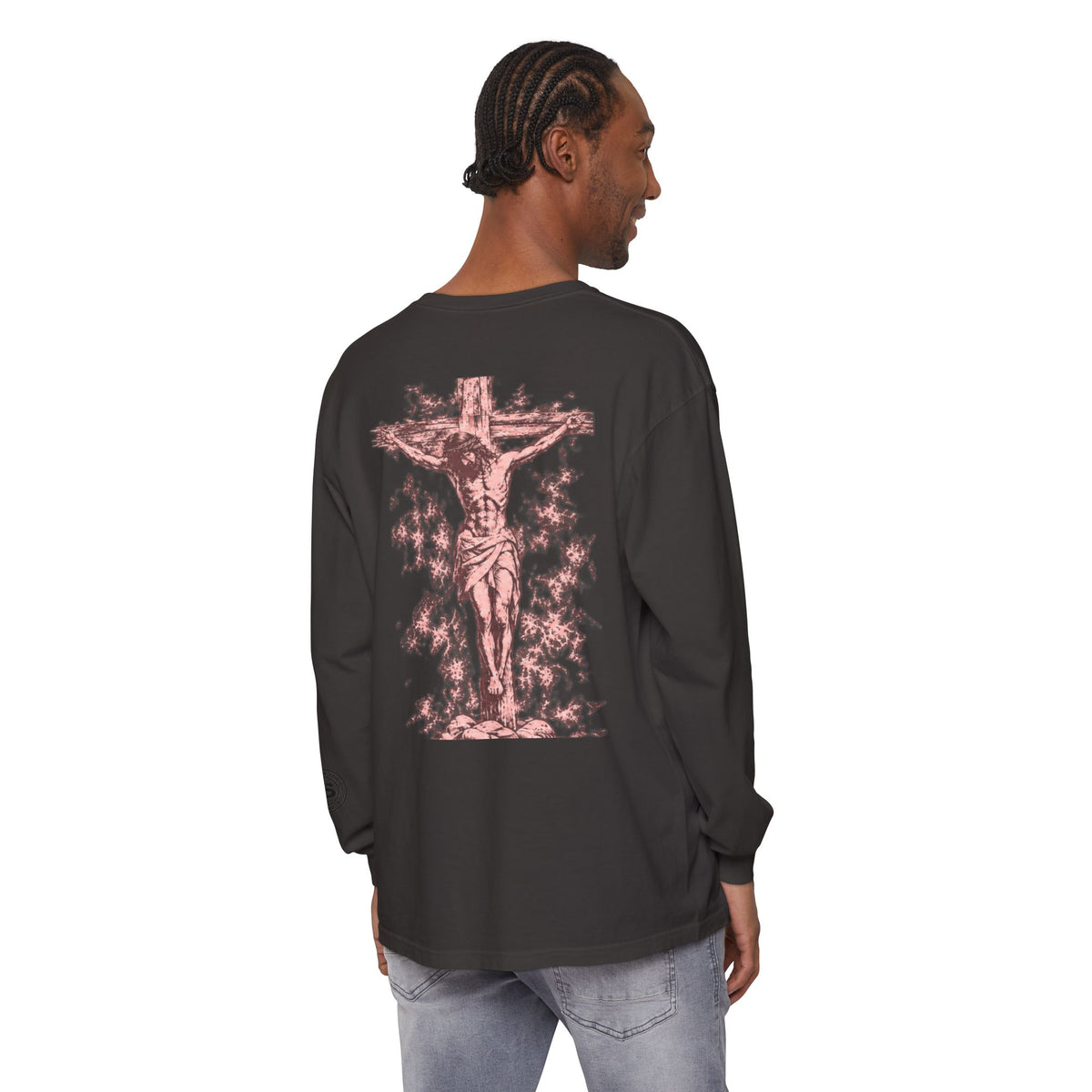 Jesus Saves Long-Sleeve T-Shirt — Crucifix Back Graphic Christian Tee