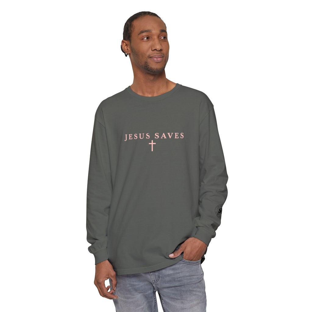 Jesus Saves Long-Sleeve T-Shirt — Crucifix Back Graphic Christian Tee