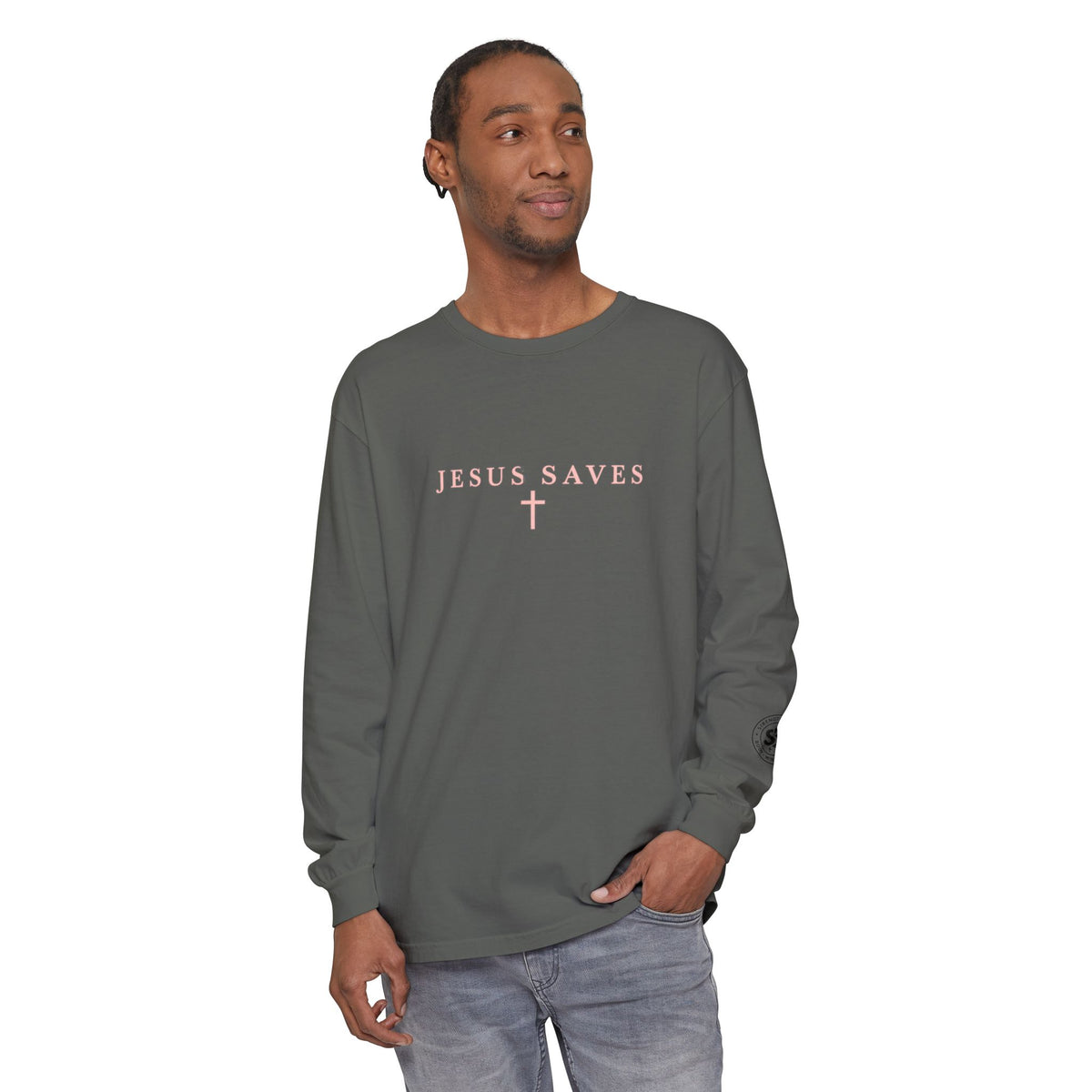 Jesus Saves Long-Sleeve T-Shirt — Crucifix Back Graphic Christian Tee