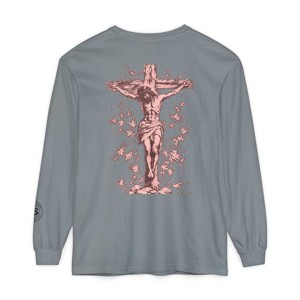 Jesus Saves Long-Sleeve T-Shirt — Crucifix Back Graphic Christian Tee