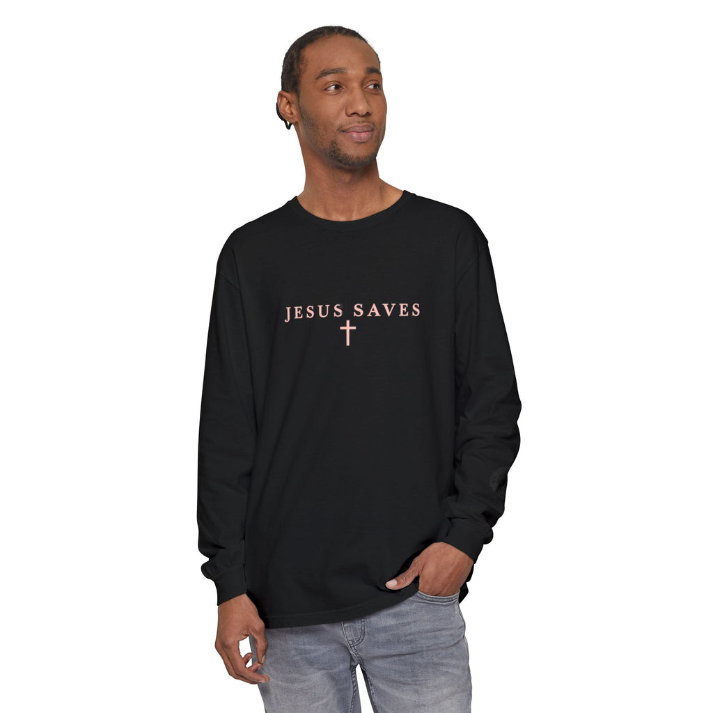 Jesus Saves Long-Sleeve T-Shirt — Crucifix Back Graphic Christian Tee