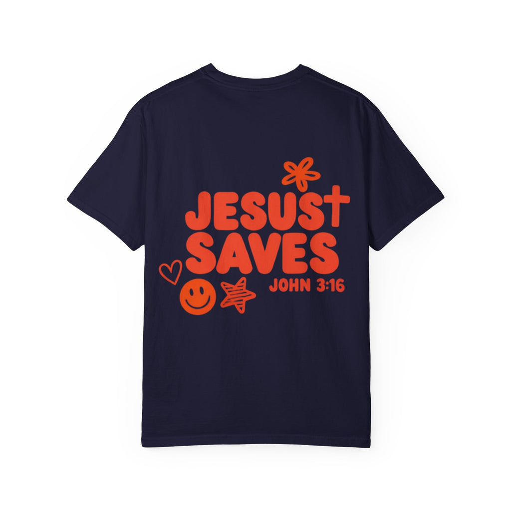 T-Shirt — "Jesus Saves" John 3:16 Christian Graphic Tee (Flower & Smiley Design)